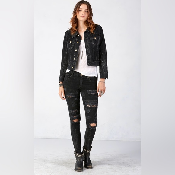 TRUE RELIGION JEANS Womens Dari Distressed Denim Jacket Dark Made-USA Large - Picture 1 of 16